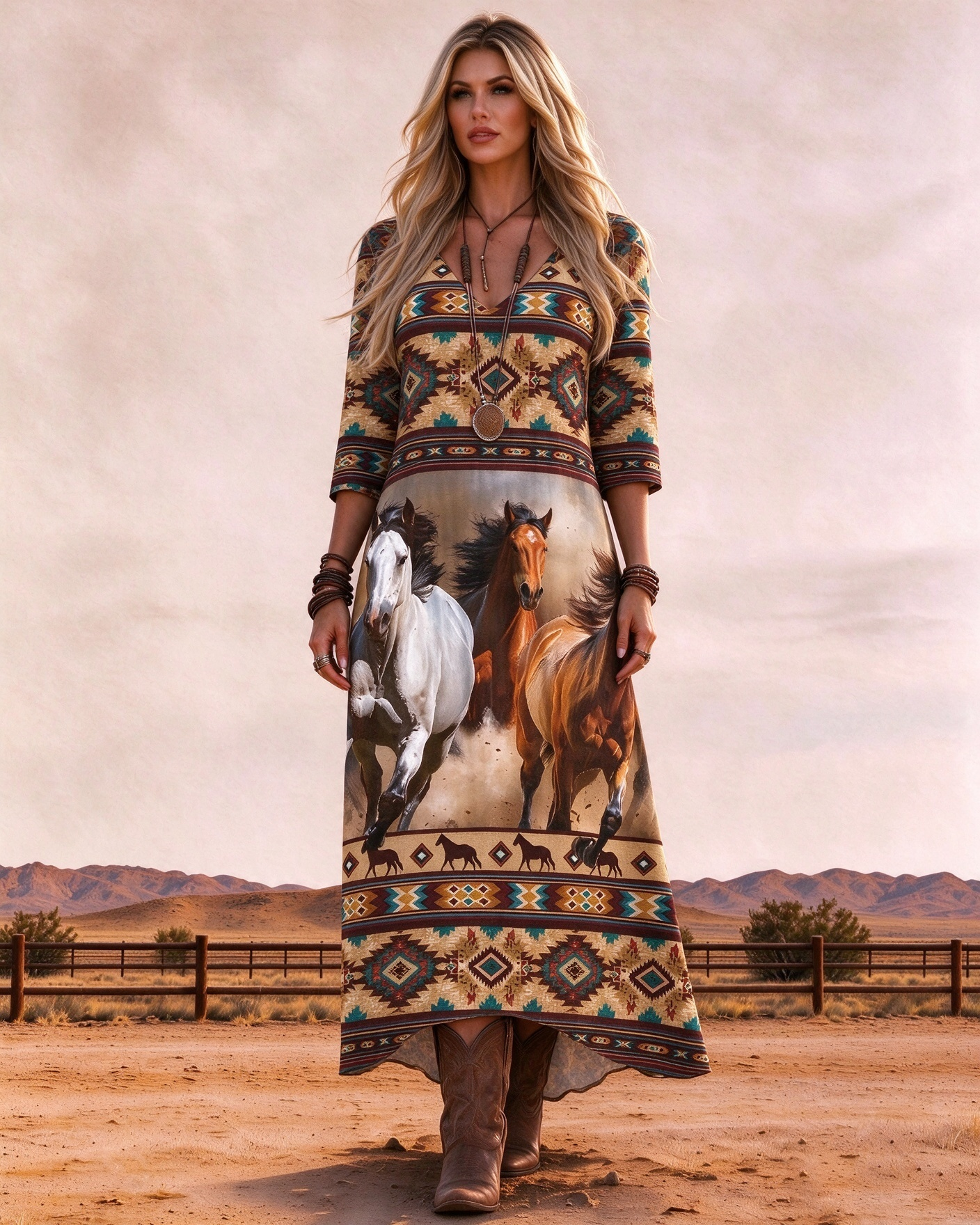 V-Neck 3/4 Sleeve Southwest Tribal Pattern Wild Horse Graphic High Low Hem Maxi Dress