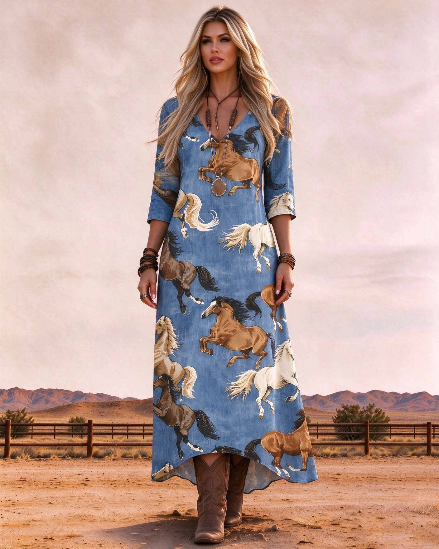 V-Neck 3/4 Sleeve Vintage Western Running Horse Graphic High Low Hem Maxi Dress
