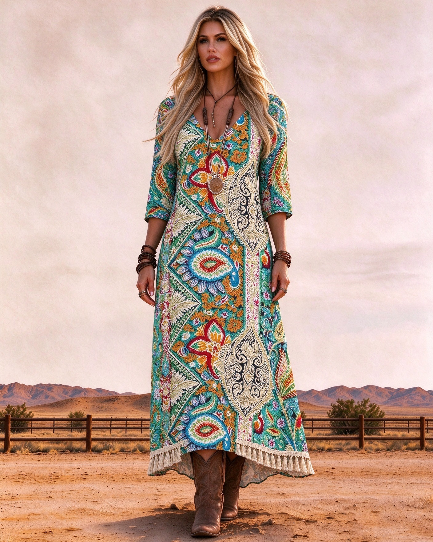 V-Neck 3/4 Sleeve Boho Western Paisley Floral Tassel High Low Hem Maxi Dress
