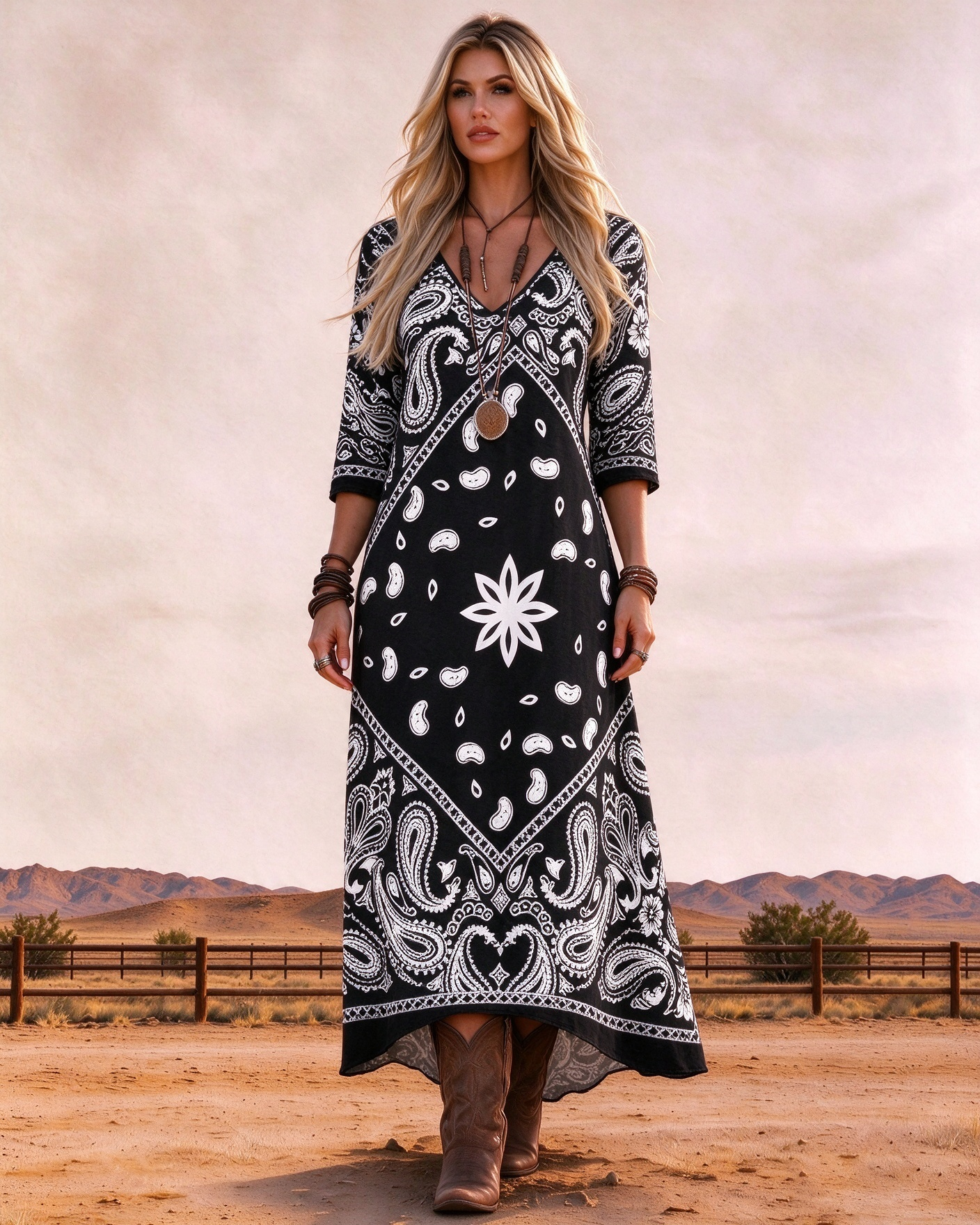 V-Neck 3/4 Sleeve Vintage Western Bandana Paisley High Low Hem Maxi Dress