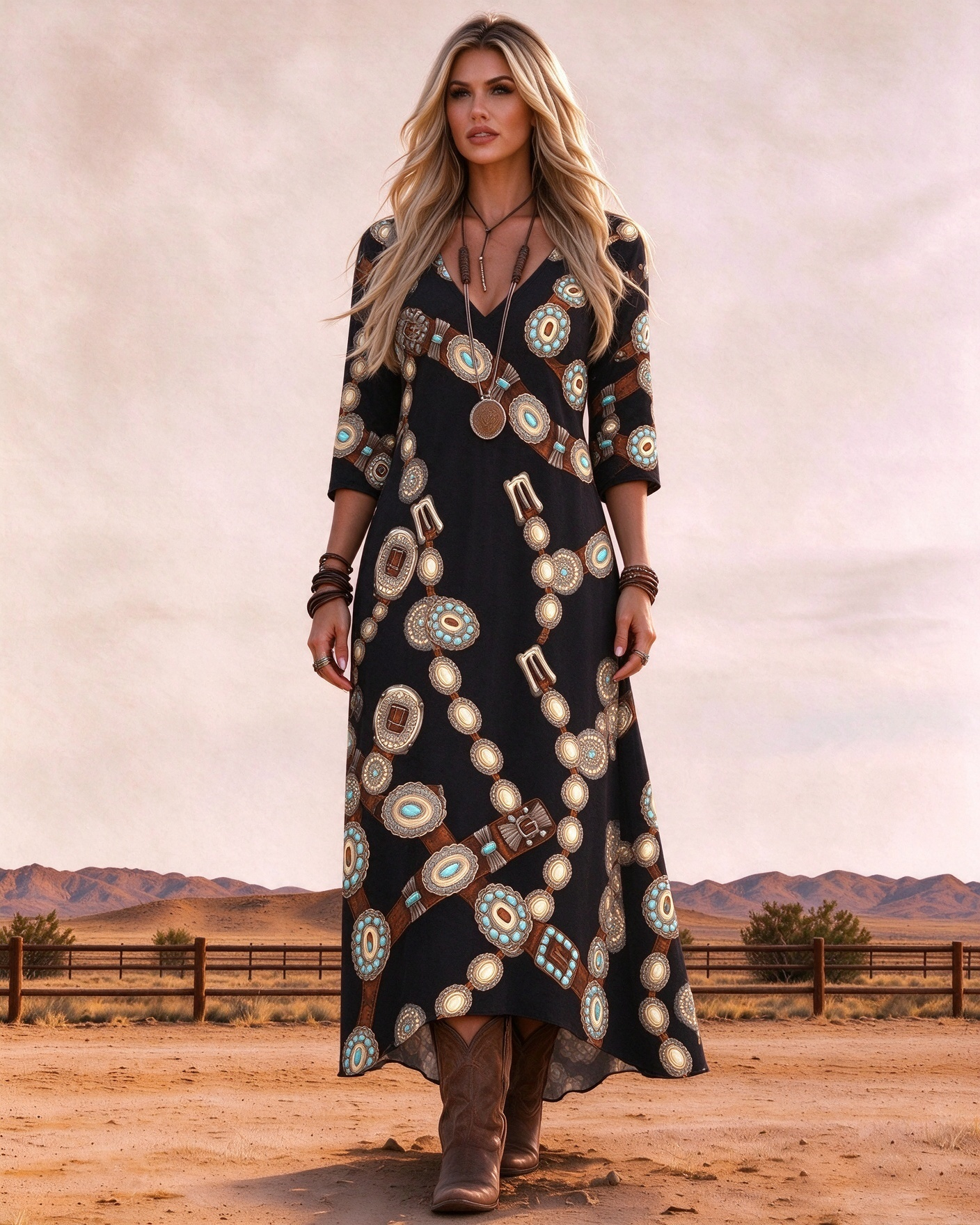 V-Neck 3/4 Sleeve Vintage Western Concho Belt Graphic High Low Hem Maxi Dress