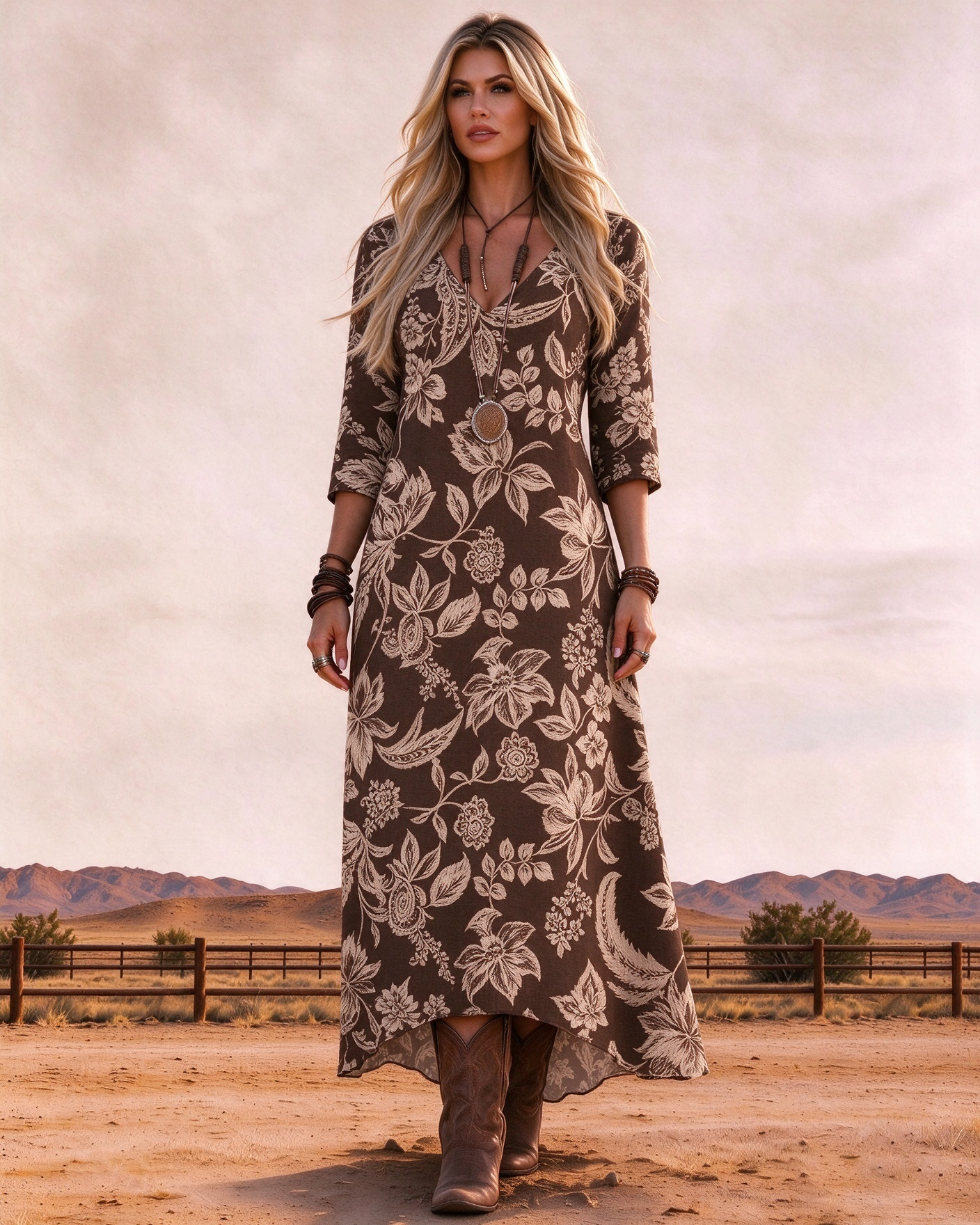 V-Neck 3/4 Sleeve Vintage Western Monotone Floral Leaf High Low Hem Maxi Dress