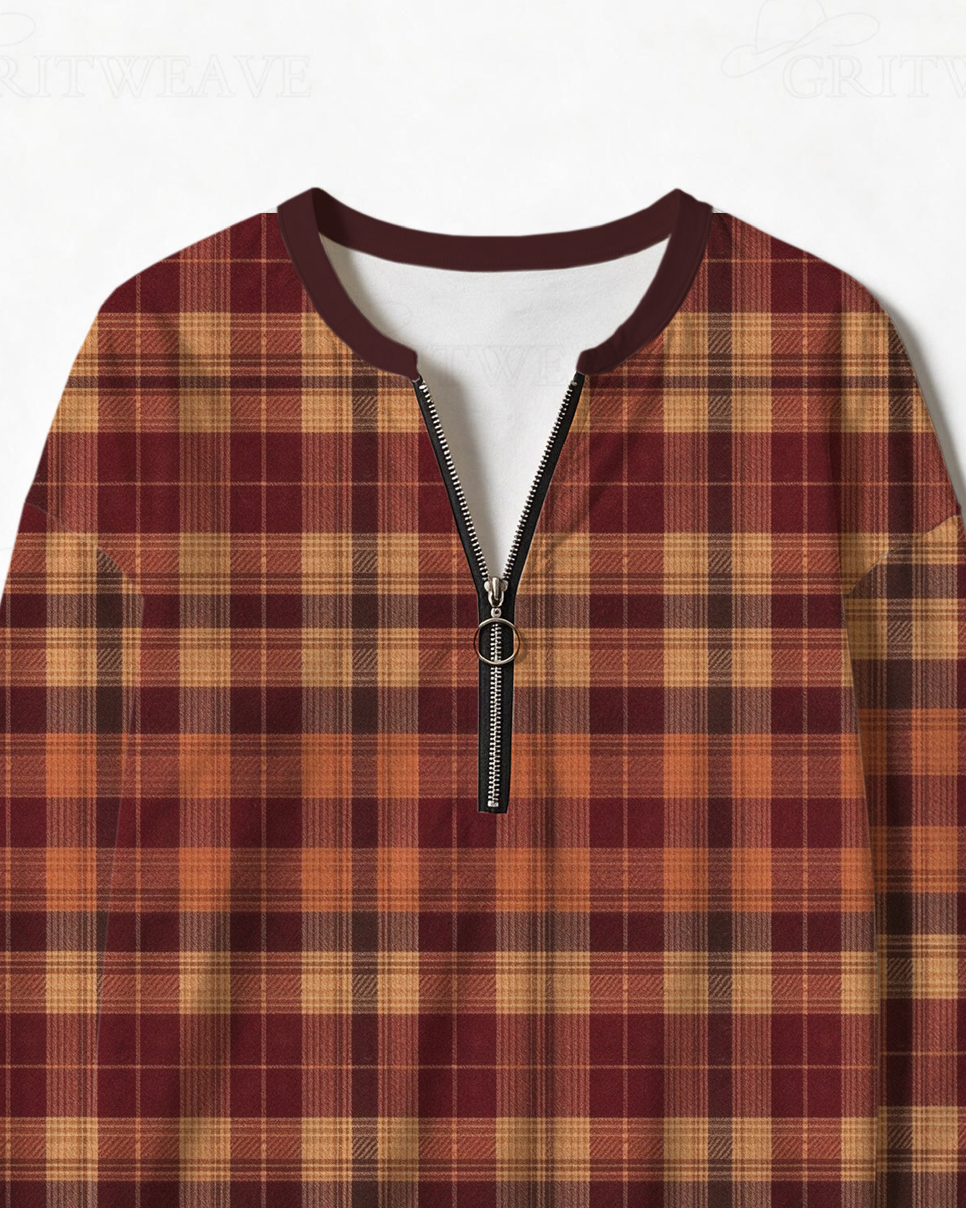 Fall Plaid Half Zip Sweatshirt, Vintage Western Tartan Checkered Long Sleeve Pullover Top