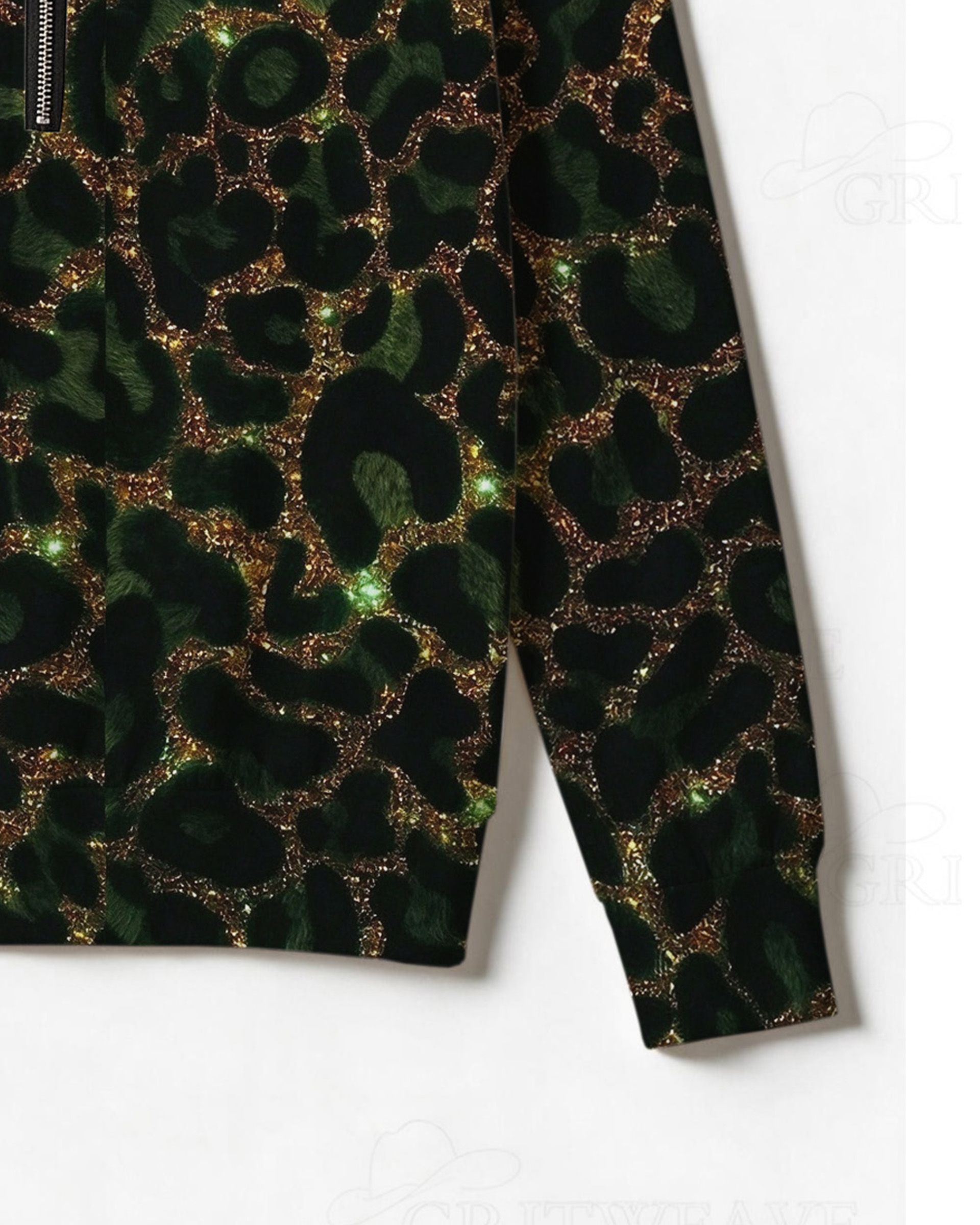 Glitter Green Leopard Print Half Zip Sweatshirt, Western Cowgirl Sparkly Animal Print Long Sleeve Top