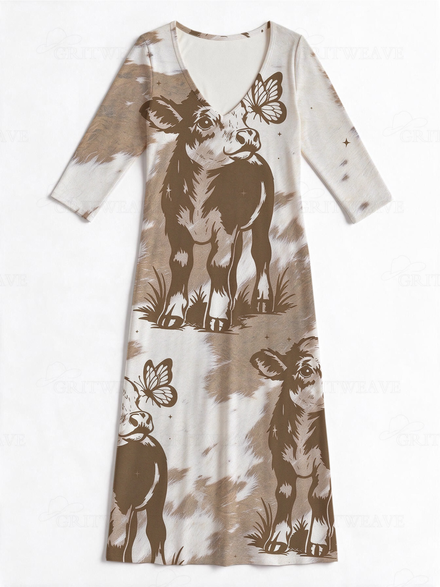 Cute calf butterfly Western V-Neck Printed Dress | Allover Print
