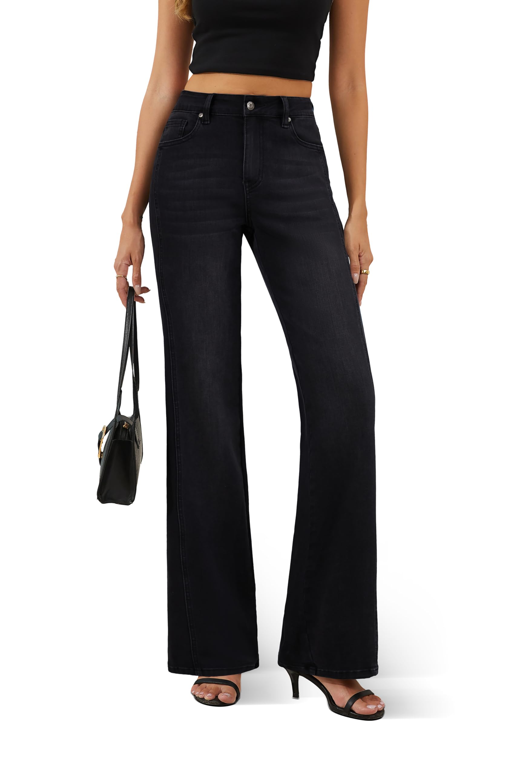 Trendy High Waisted Wide Leg Jeans Stretchy Denim Pants