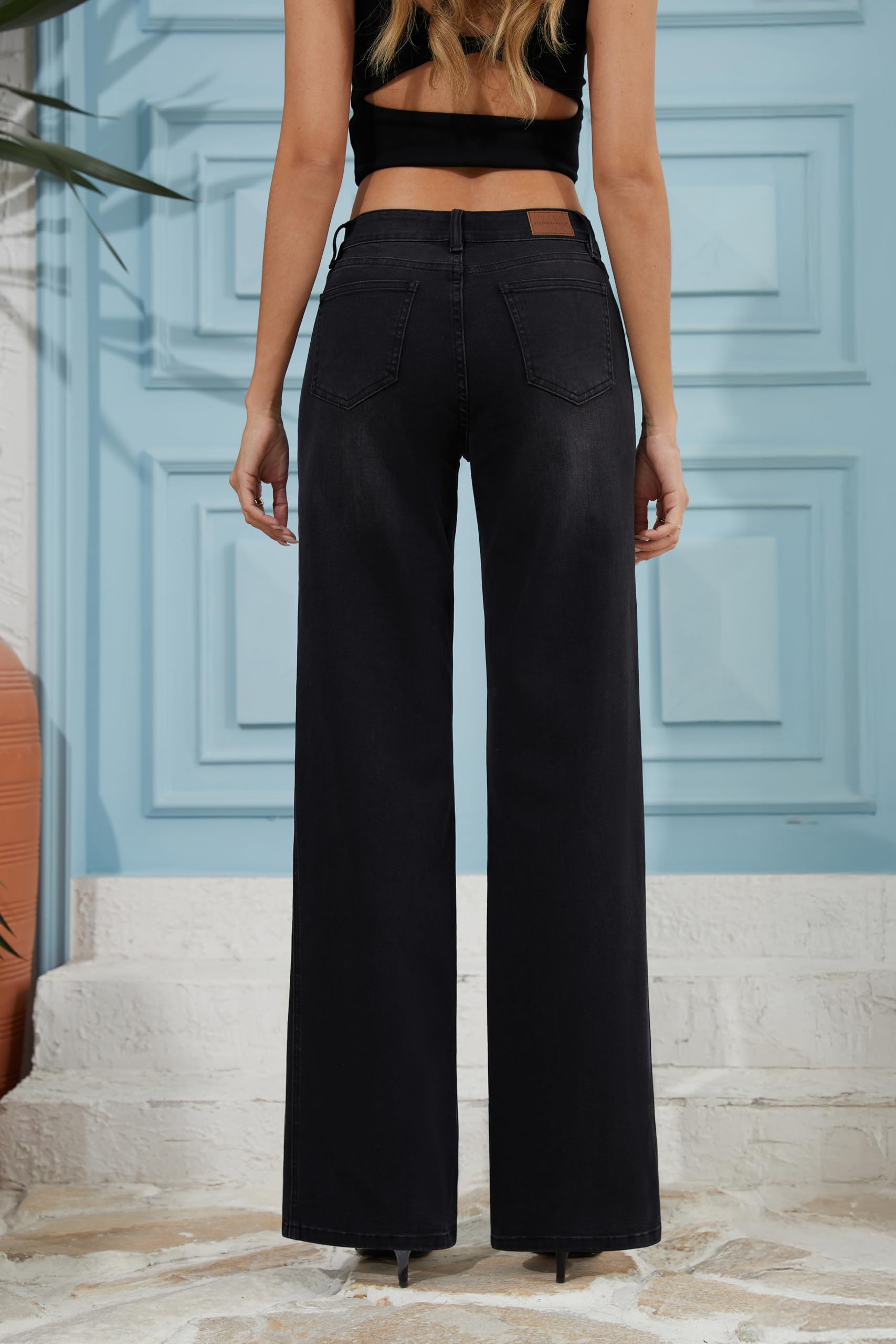 Trendy High Waisted Wide Leg Jeans Stretchy Denim Pants