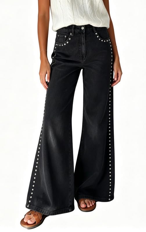 High Waist Wide Leg Jeans Side Rivet Stud Flare Casual Denim Pants