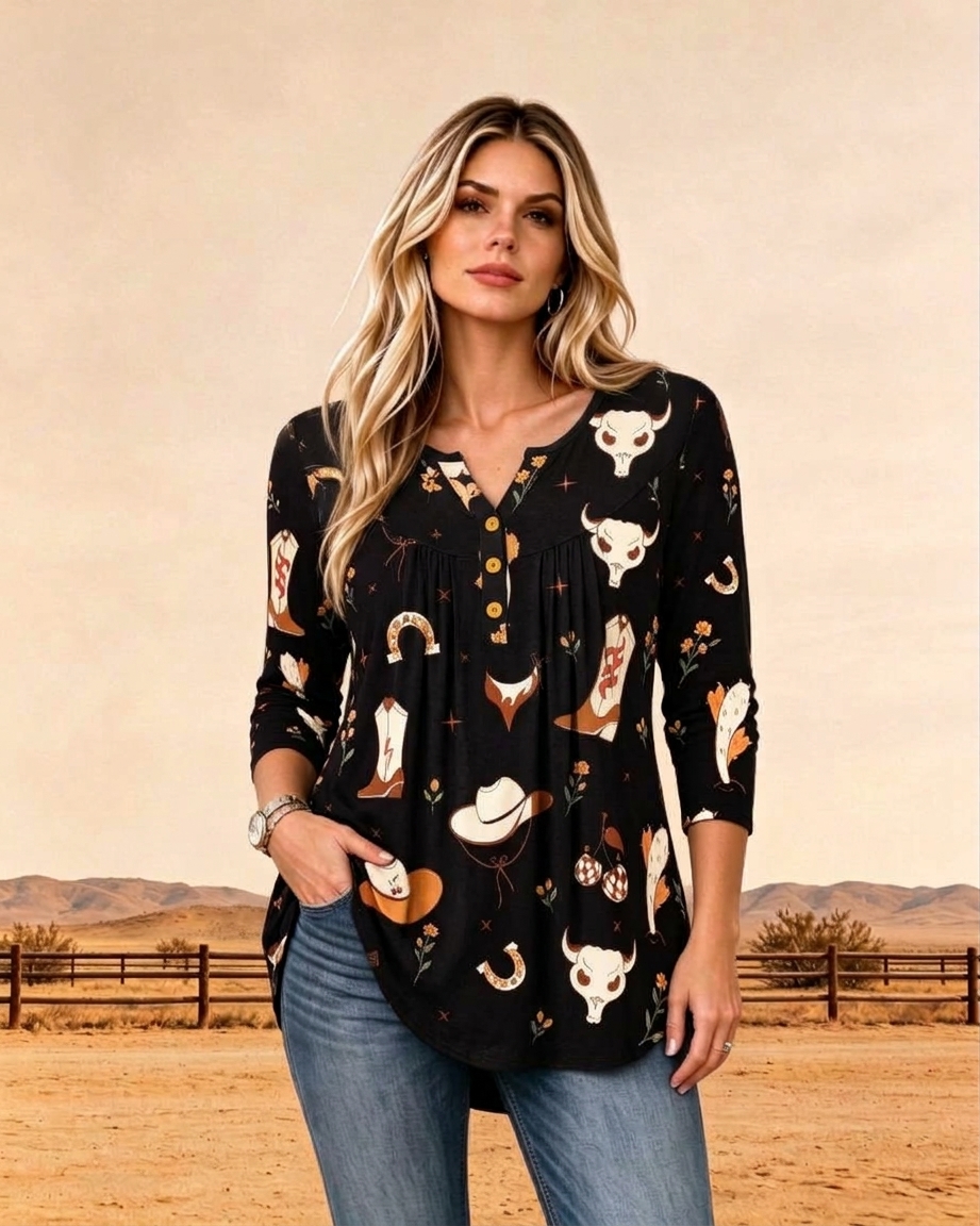 Henley Western Cowboy Print Women's Tunic Top