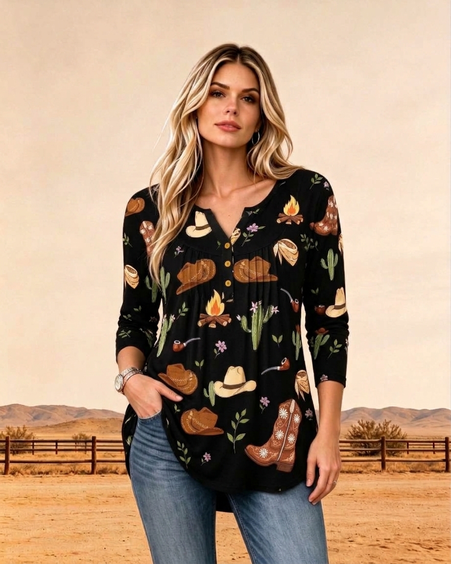 [Copy]Henley Western Cowboy Print Women's Tunic Top