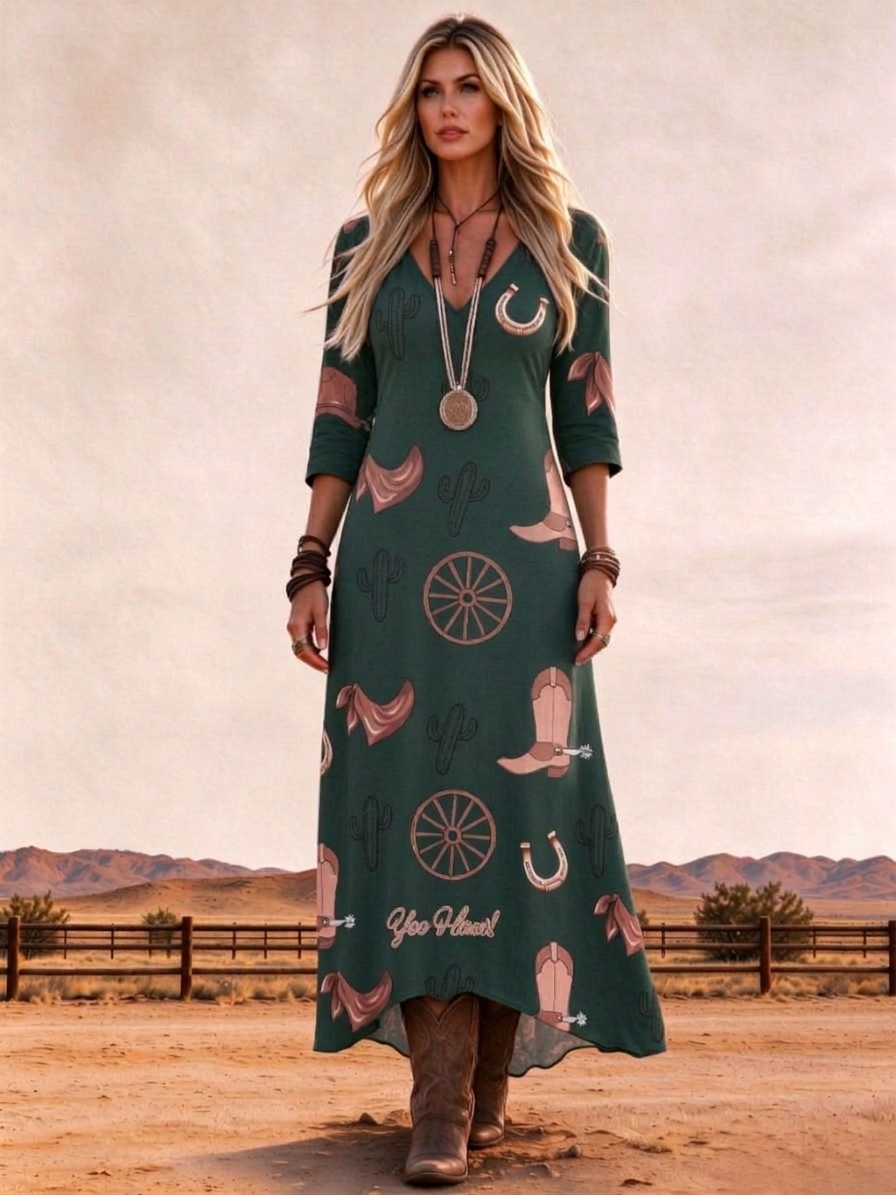 Western Dark Green Cowboy Boot Print V-Neck Loose Casual Maxi Dress