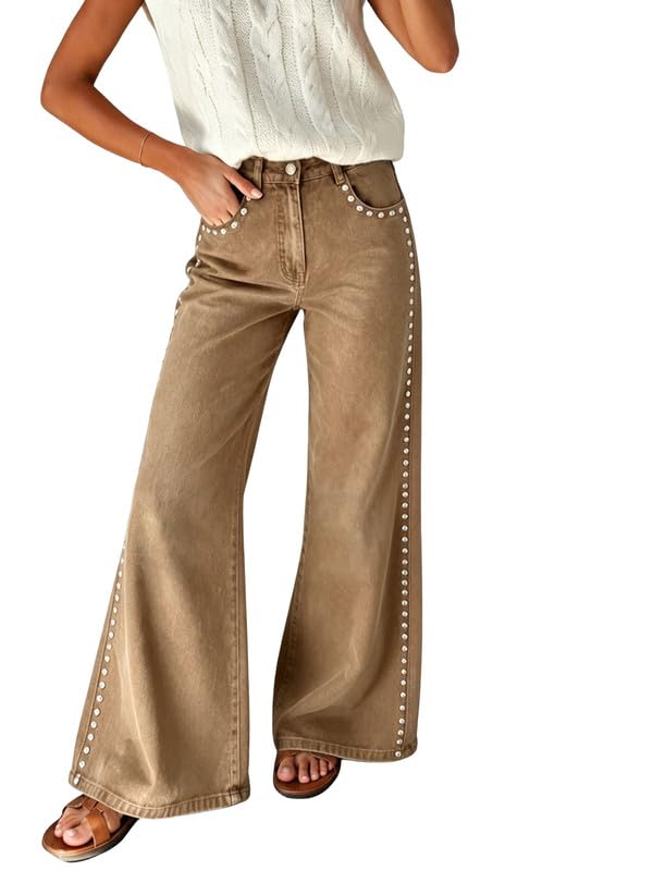 High Waist Wide Leg Jeans Side Rivet Stud Flare Casual Denim Pants