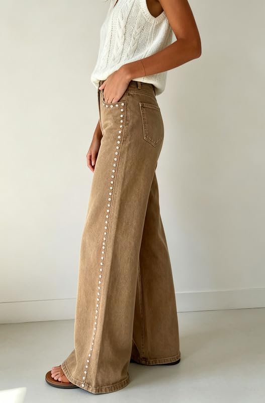 High Waist Wide Leg Jeans Side Rivet Stud Flare Casual Denim Pants