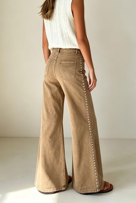 High Waist Wide Leg Jeans Side Rivet Stud Flare Casual Denim Pants