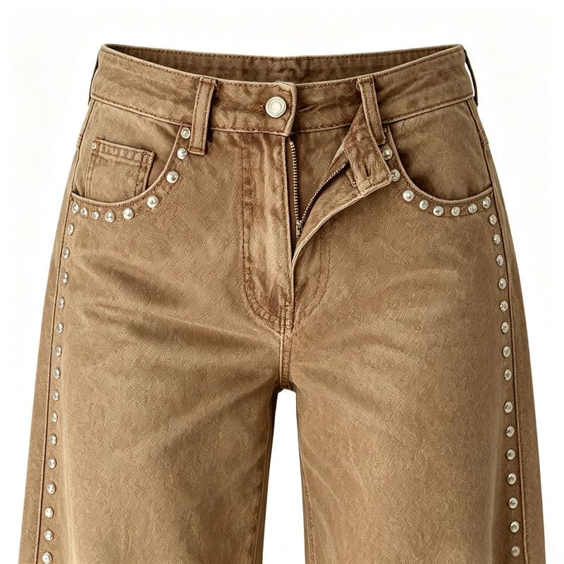 High Waist Wide Leg Jeans Side Rivet Stud Flare Casual Denim Pants