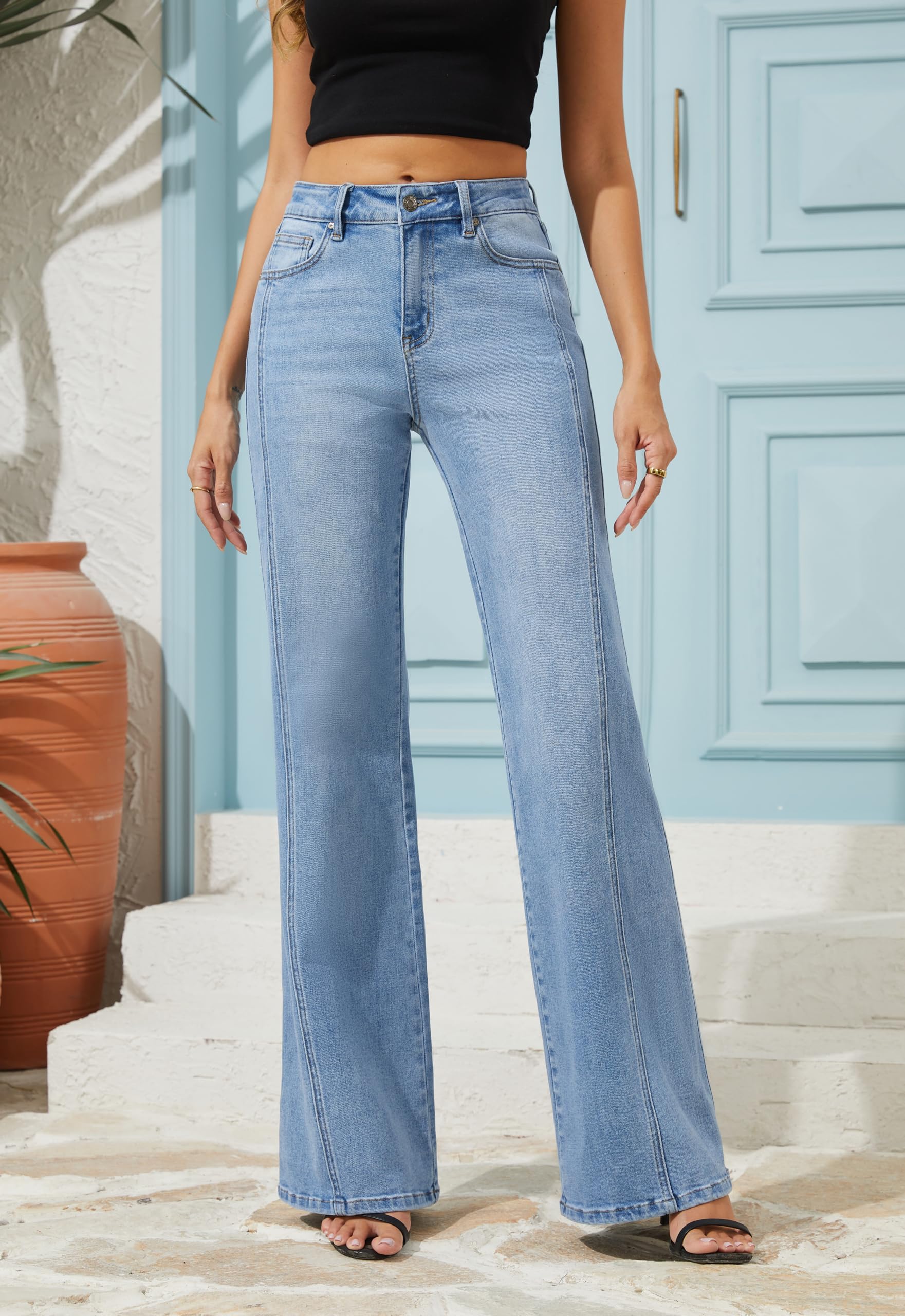 Trendy High Waisted Wide Leg Jeans Stretchy Denim Pants