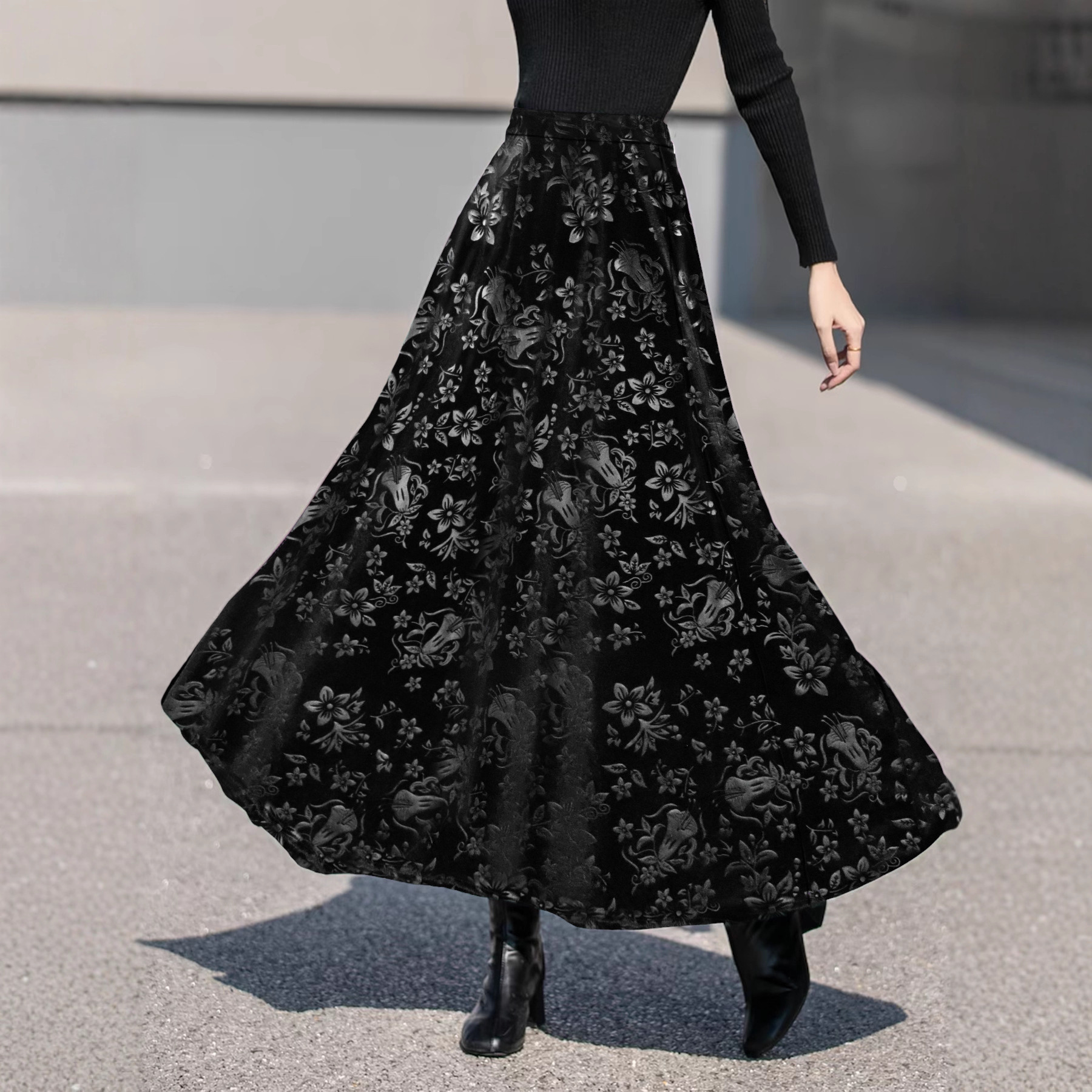 Western Floral Cowboy Boot Motif A-Line Maxi Skirt for Women, Flared Swing Long Skirt