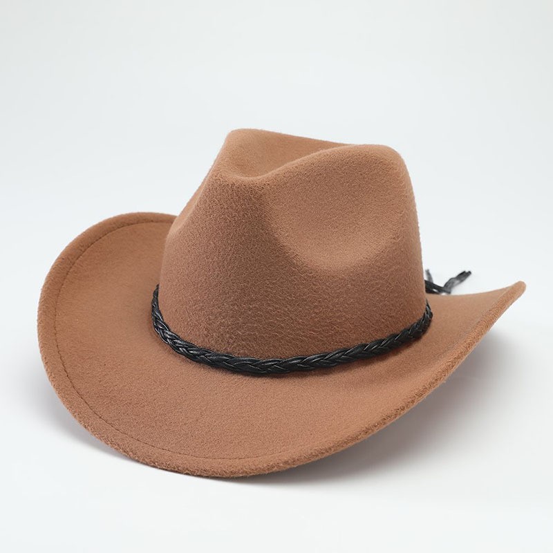 Vintage Plain Cowgirl Hat For Women Wide Curved Brim Braided Band Western Hat