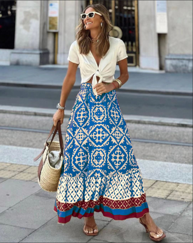 Boho Block Print Tiered Contrast Pattern Midi Skirt
