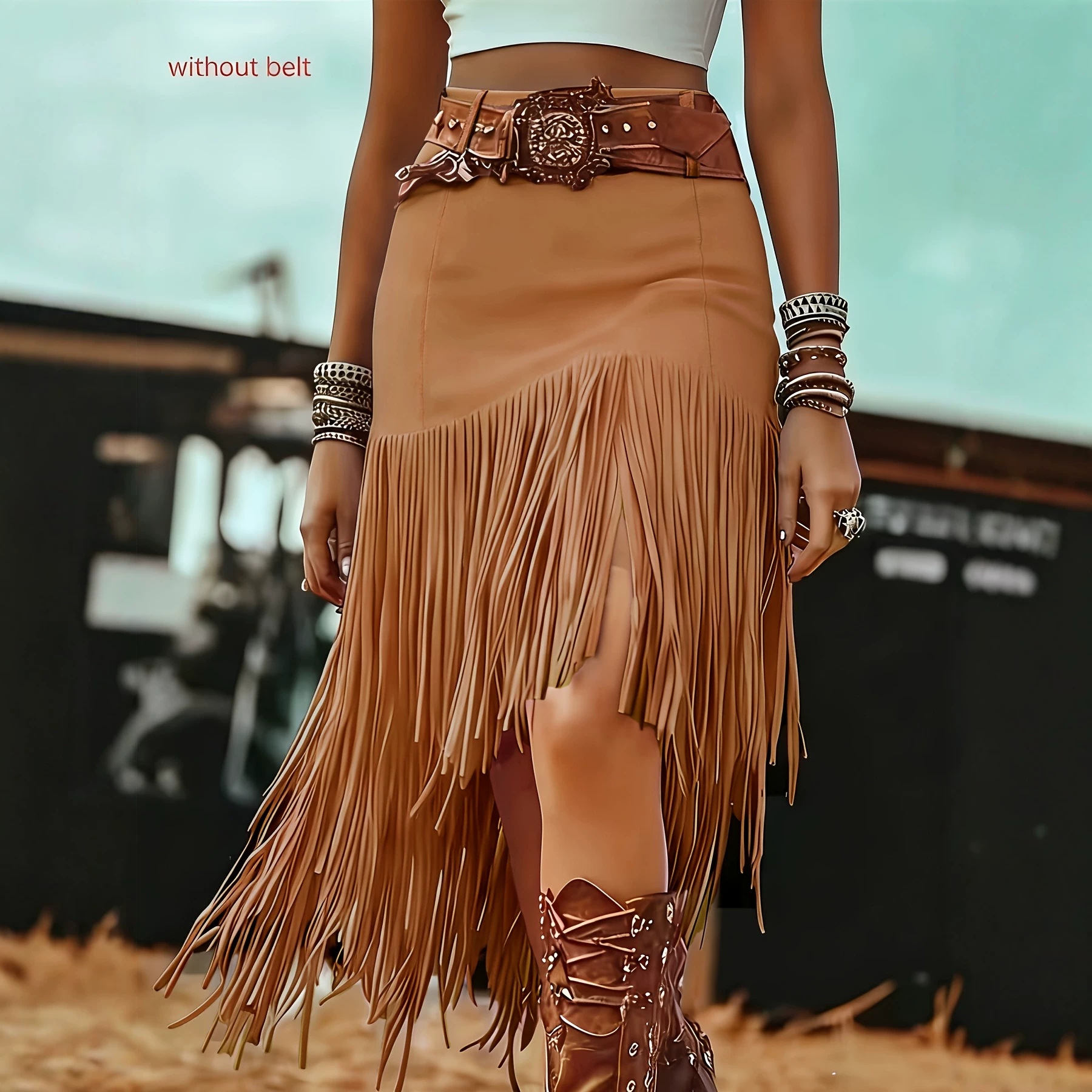 Western Fringe Slit Midi Skirt for Women, High Waist Straight Fringed Skirt