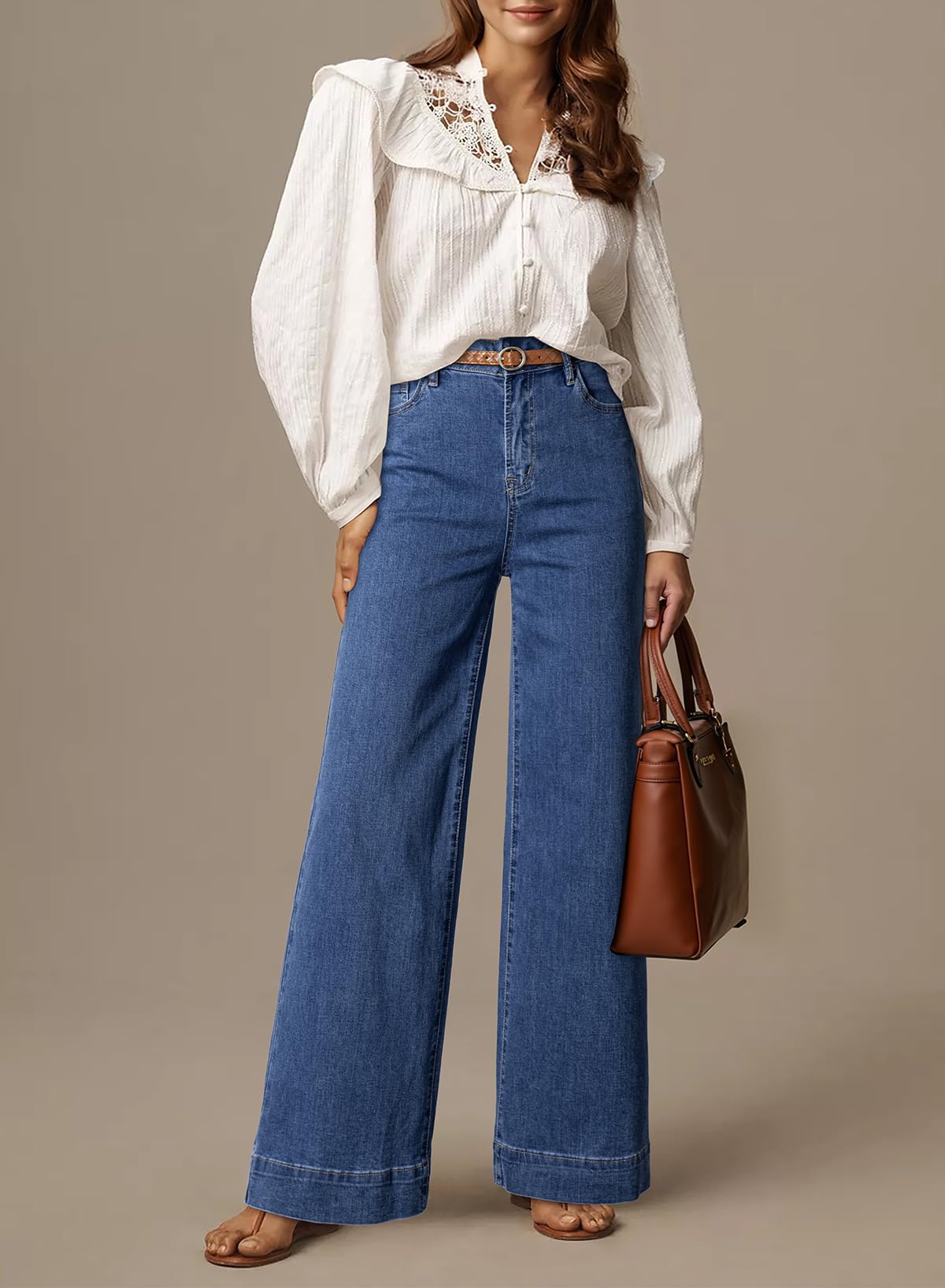 Casual High Waisted Jeans Stretch Wide Leg Loose Denim Pant
