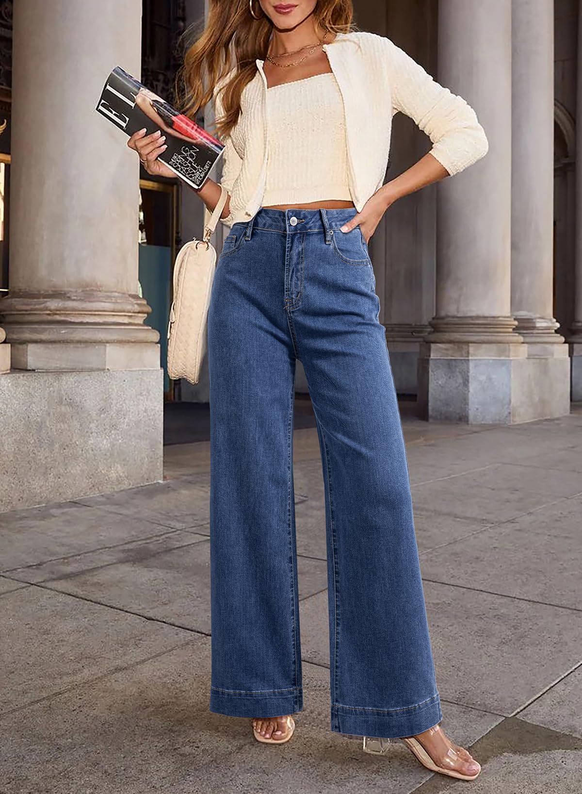 Casual High Waisted Jeans Stretch Wide Leg Loose Denim Pant