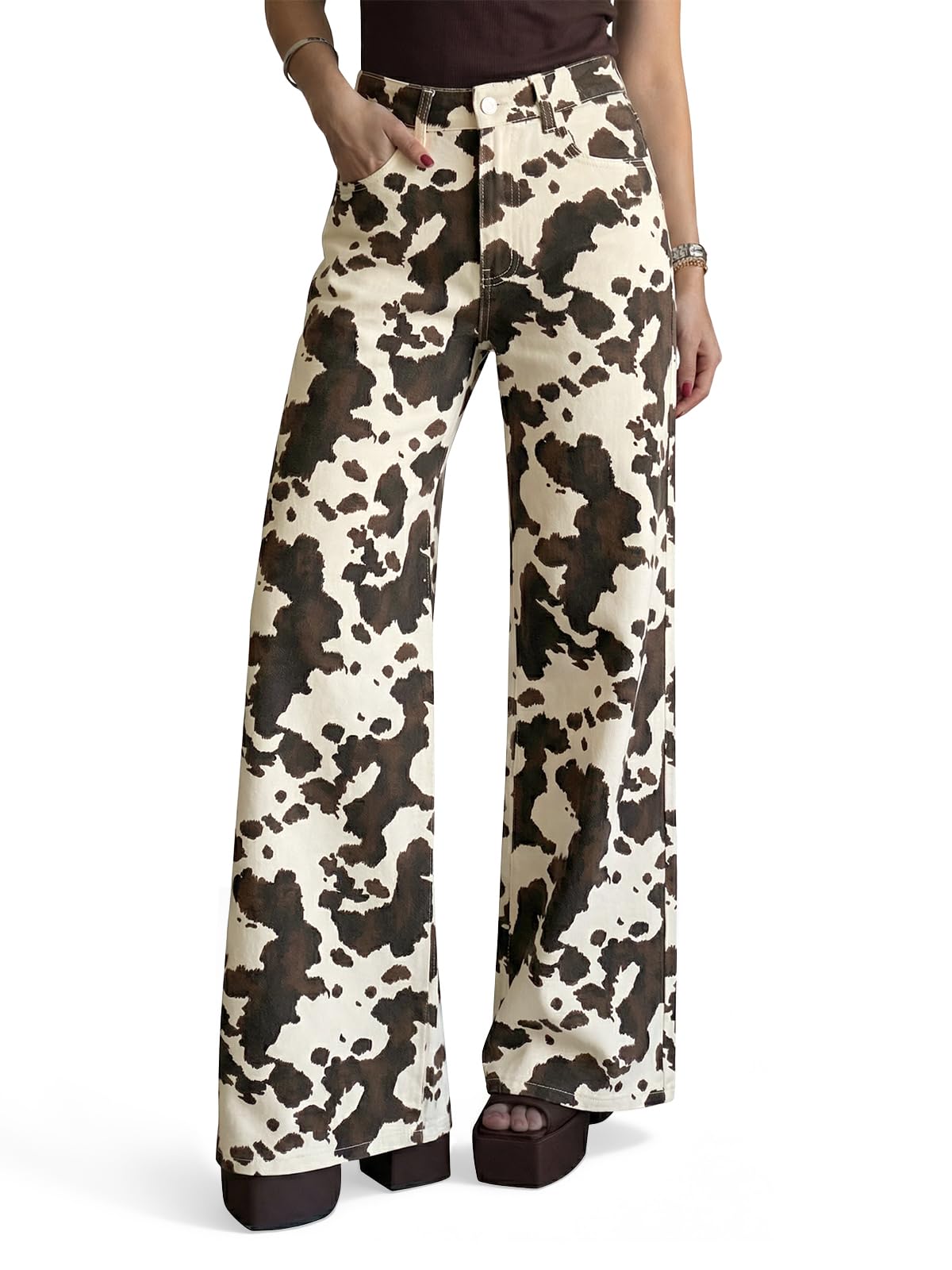 Wide Leg High Waisted Leopard Baggy Stretchy Jeans