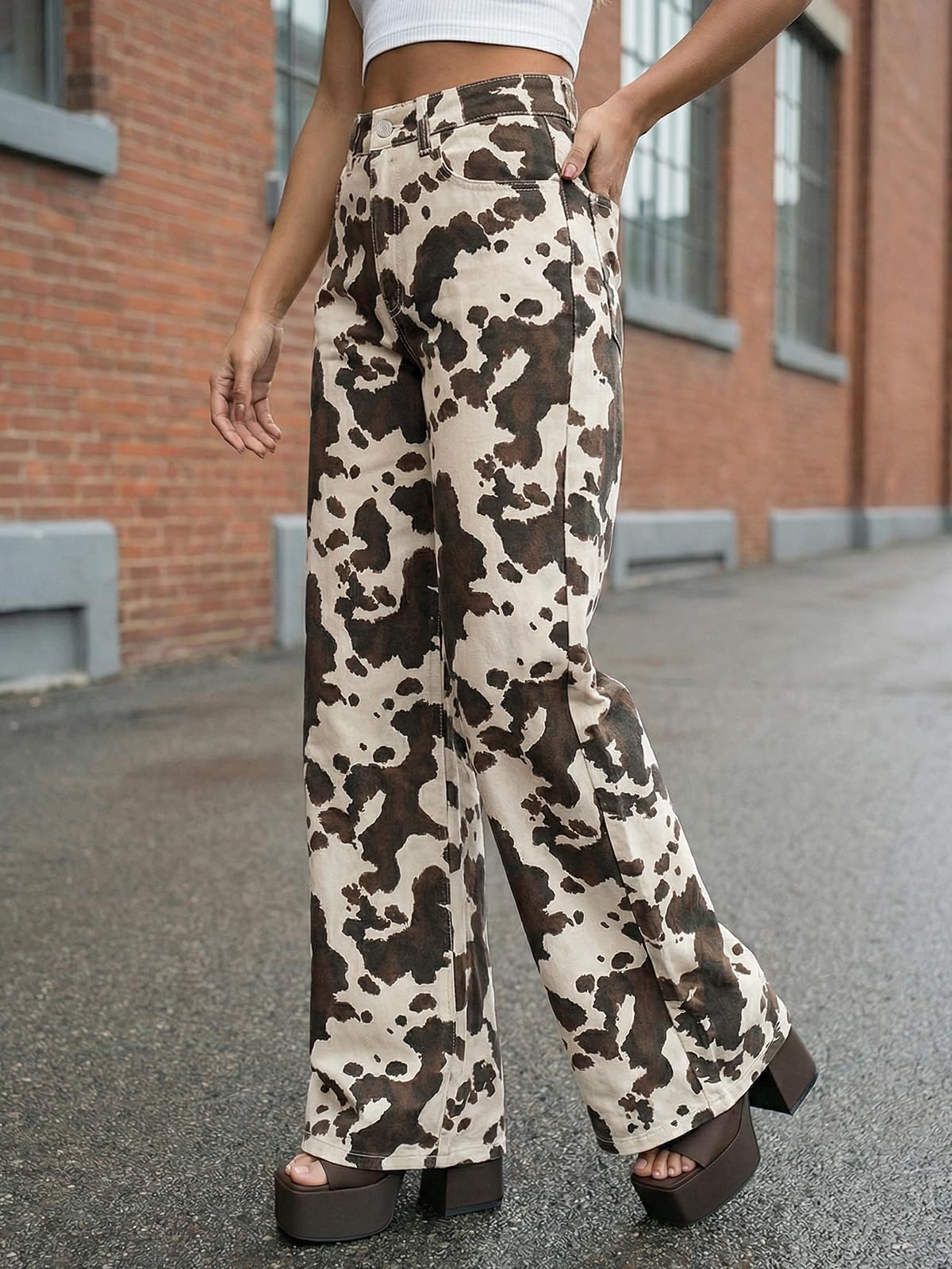 Wide Leg High Waisted Leopard Baggy Stretchy Jeans