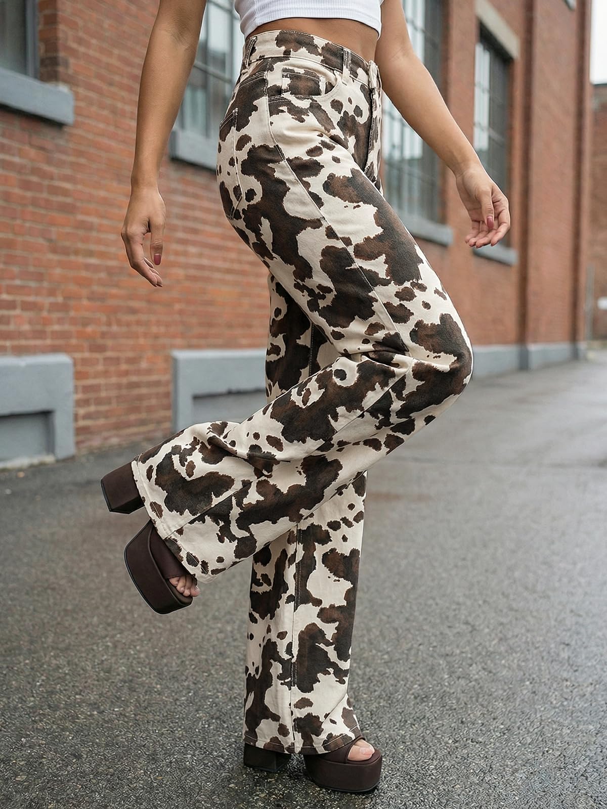 Wide Leg High Waisted Leopard Baggy Stretchy Jeans