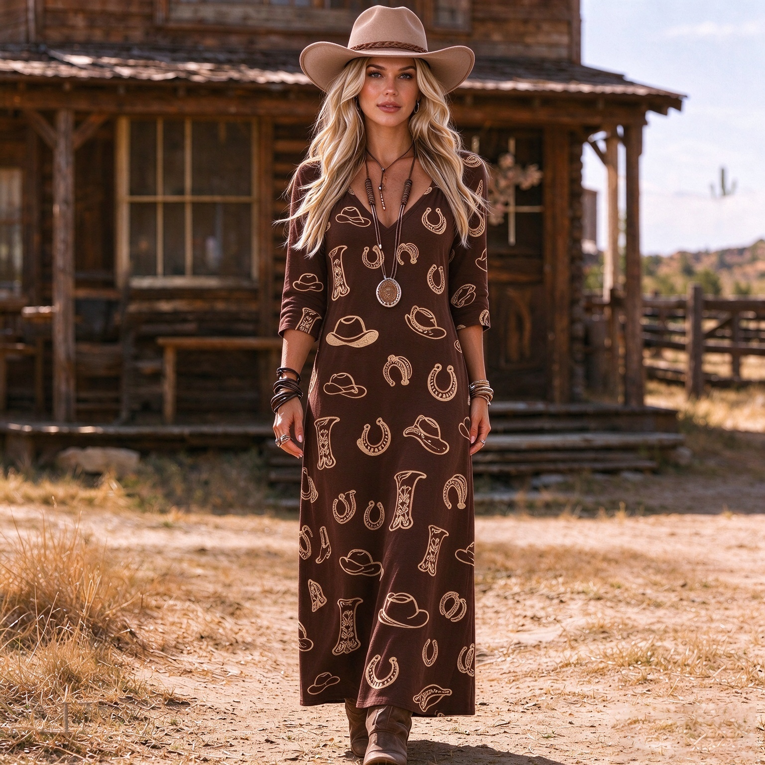 Horseshoe & Hat V-Neck Three-Quarter Sleeve Dress