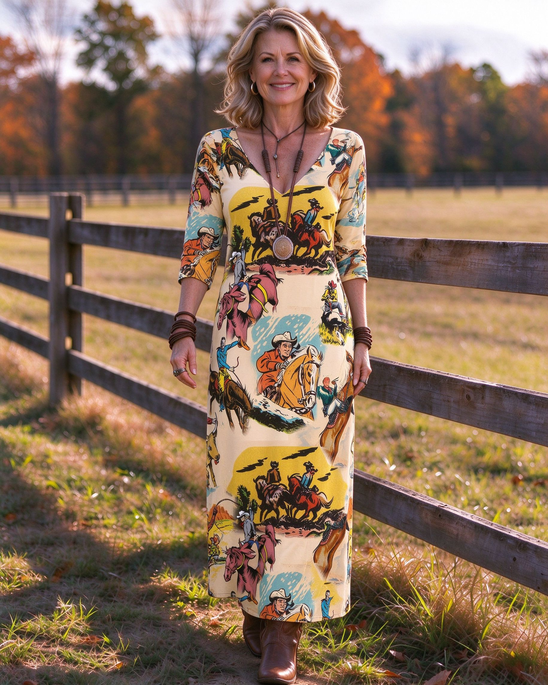 Action Rodeo Rider Print V-neck Maxi Dress