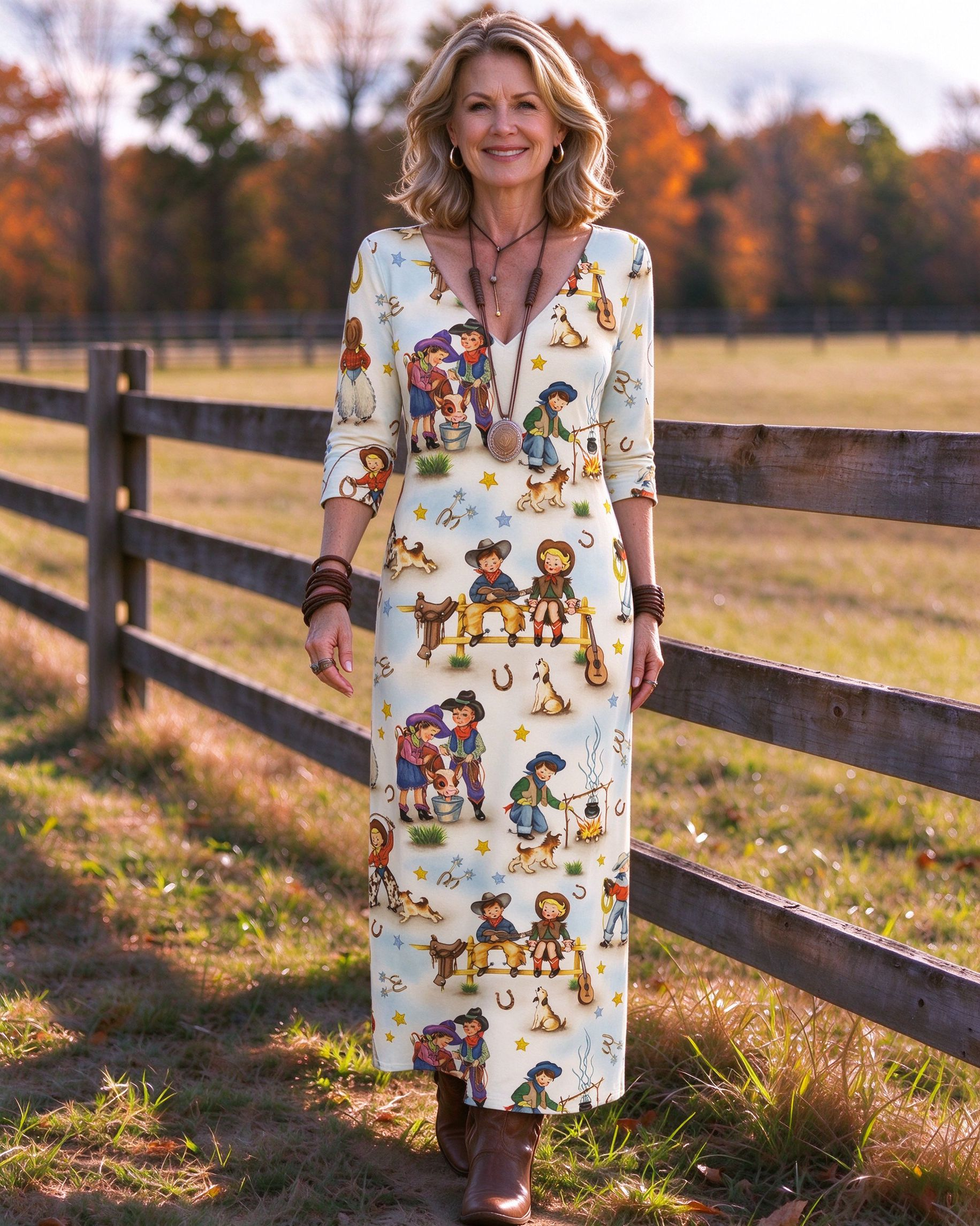 [Copy]Western Longhorn Bull Skull & Evil Eye Print V-neck Maxi Dress