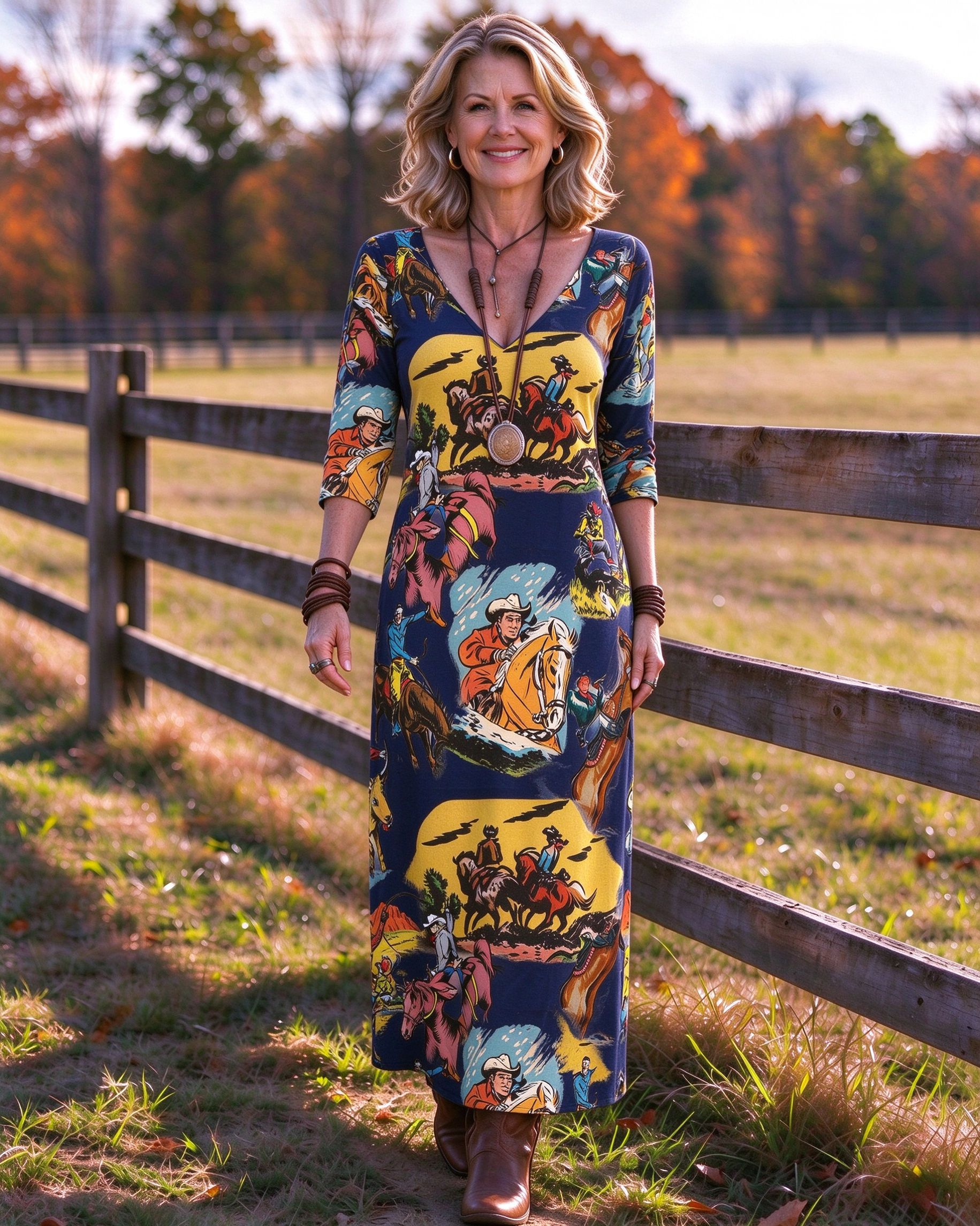 Action Rodeo Rider Print V-neck Maxi Dress