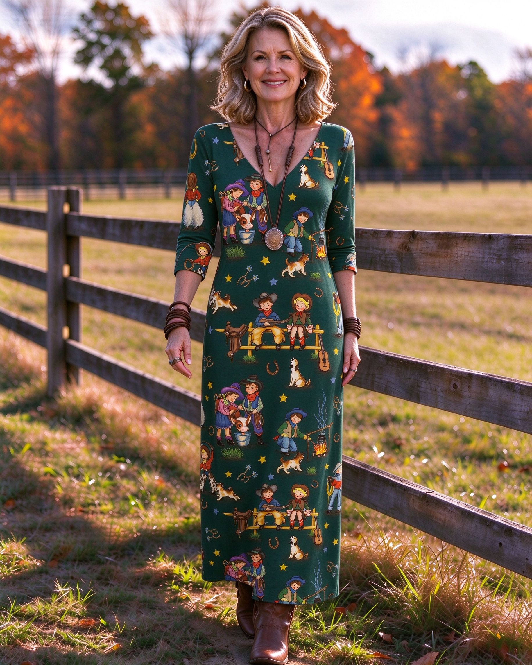 [Copy]Western Longhorn Bull Skull & Evil Eye Print V-neck Maxi Dress