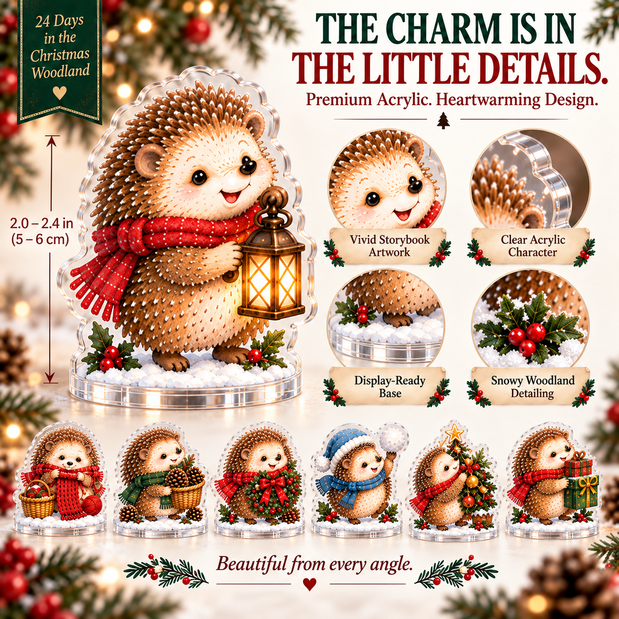 Christmas Woodland acrylic hedgehog details