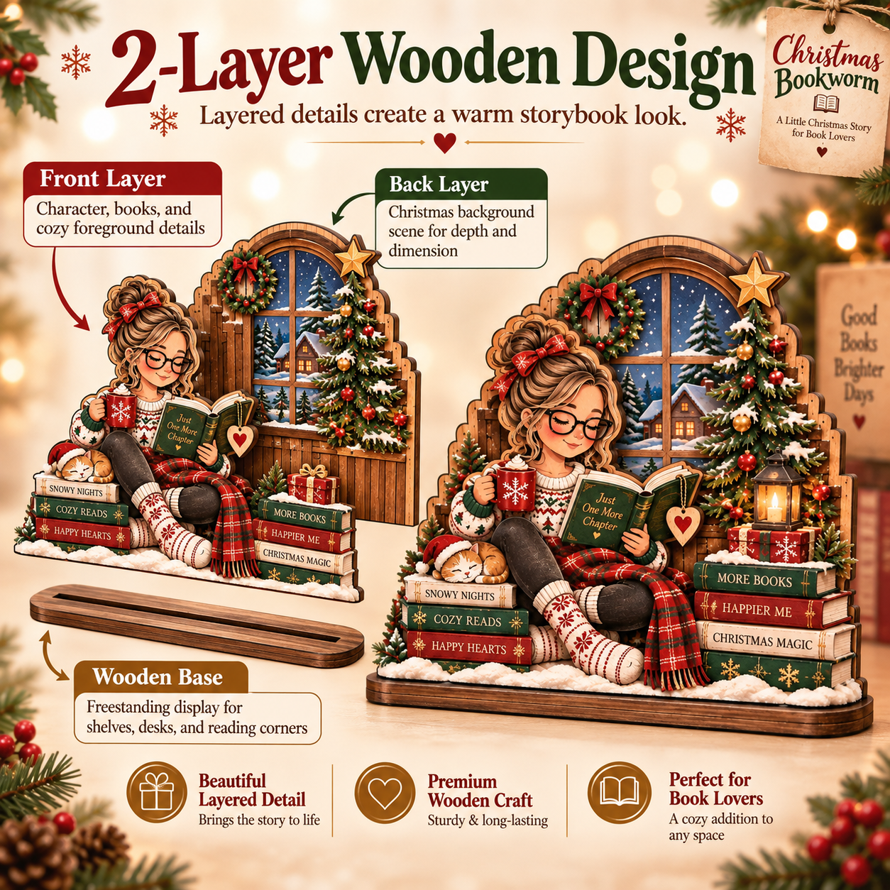 Christmas Bookworm Two Layer Wooden Design
