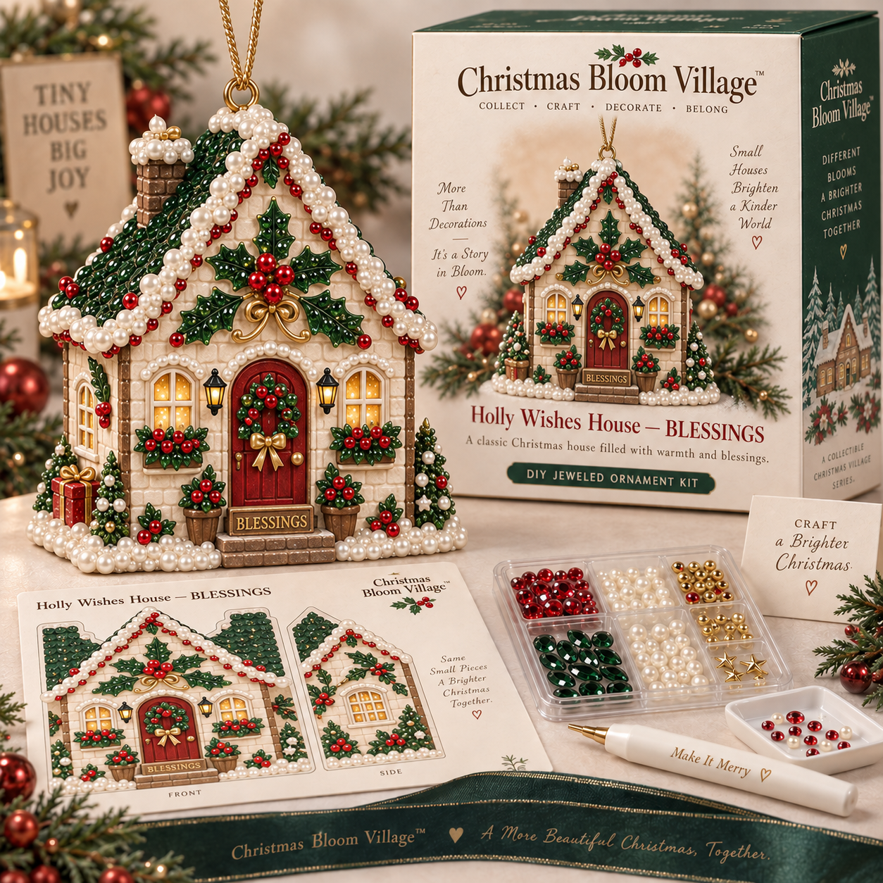 Holly Wishes House BLESSINGS jeweled Christmas ornament kit