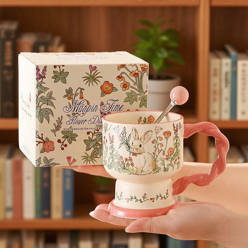 Whimsical Garden Animal Mug – Vintage Botanical Ceramic Cup with Branch Handle