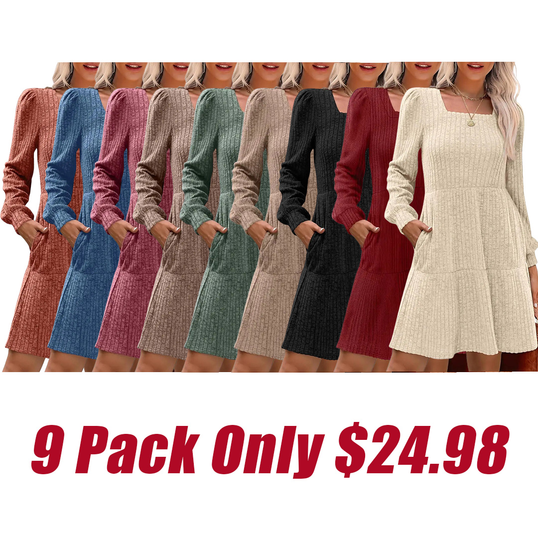 Square Neck Long Sleeve Babydoll Sweater Dress