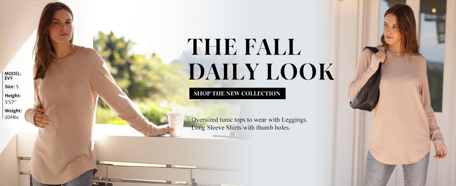 WIHOLL Women's Casual Tunic Tops to Wear with Leggings, Long Sleeve Round Neck Spandex Shirt with Thumb Holes and Curved Hem, Longsleeves, Women's Tops, Fabric, Cuffed Sleeve Women's T-Shirts,clothes for back to school,first day of school outfits,sohochic