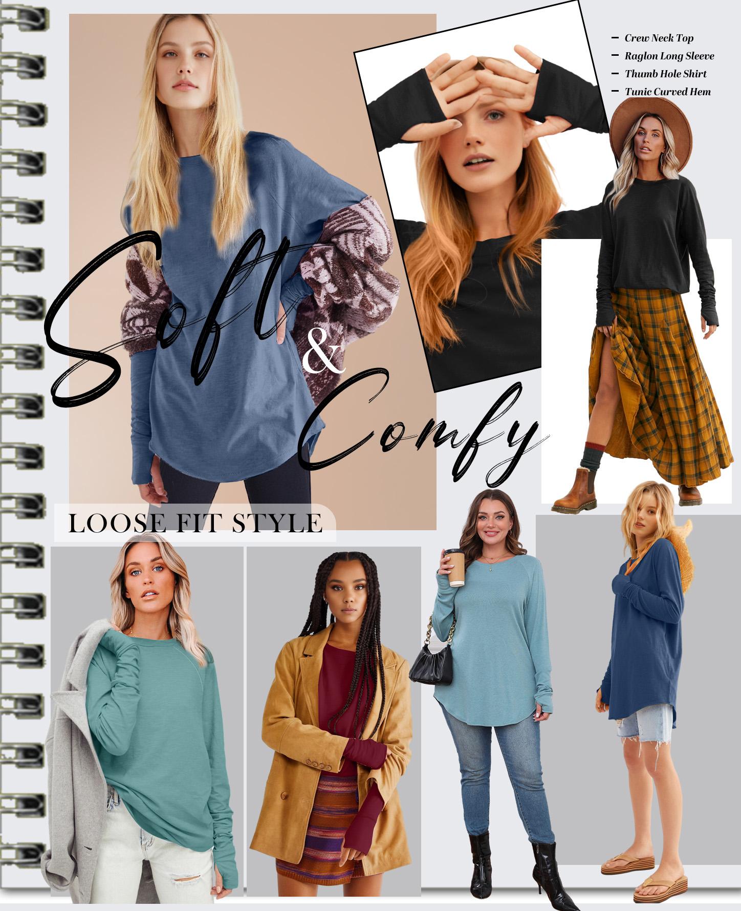 WIHOLL Women's Casual Tunic Tops to Wear with Leggings, Long Sleeve Round Neck Spandex Shirt with Thumb Holes and Curved Hem, Longsleeves, Women's Tops, Fabric, Cuffed Sleeve Women's T-Shirts,clothes for back to school,first day of school outfits,sohochic