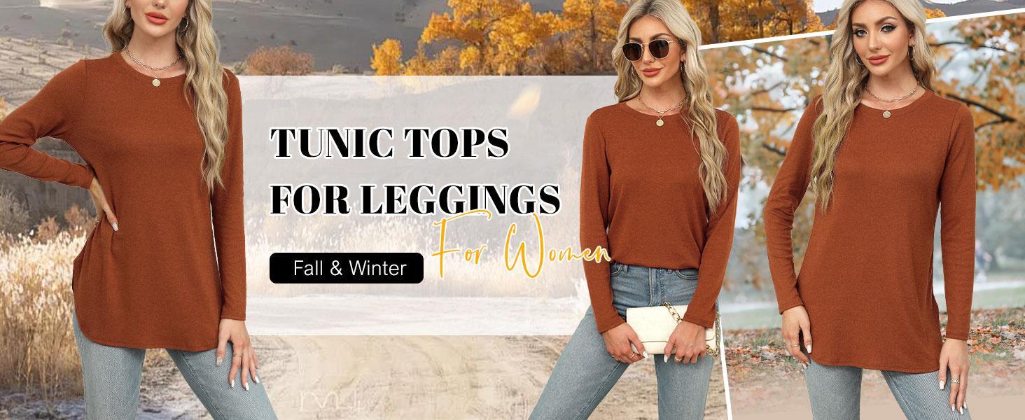 WIHOLL Women's Casual Tunic Tops to Wear with Leggings, Long Sleeve Round Neck Spandex Shirt with Thumb Holes and Curved Hem, Longsleeves, Women's Tops, Fabric, Cuffed Sleeve Women's T-Shirts,clothes for back to school,first day of school outfits,sohochic