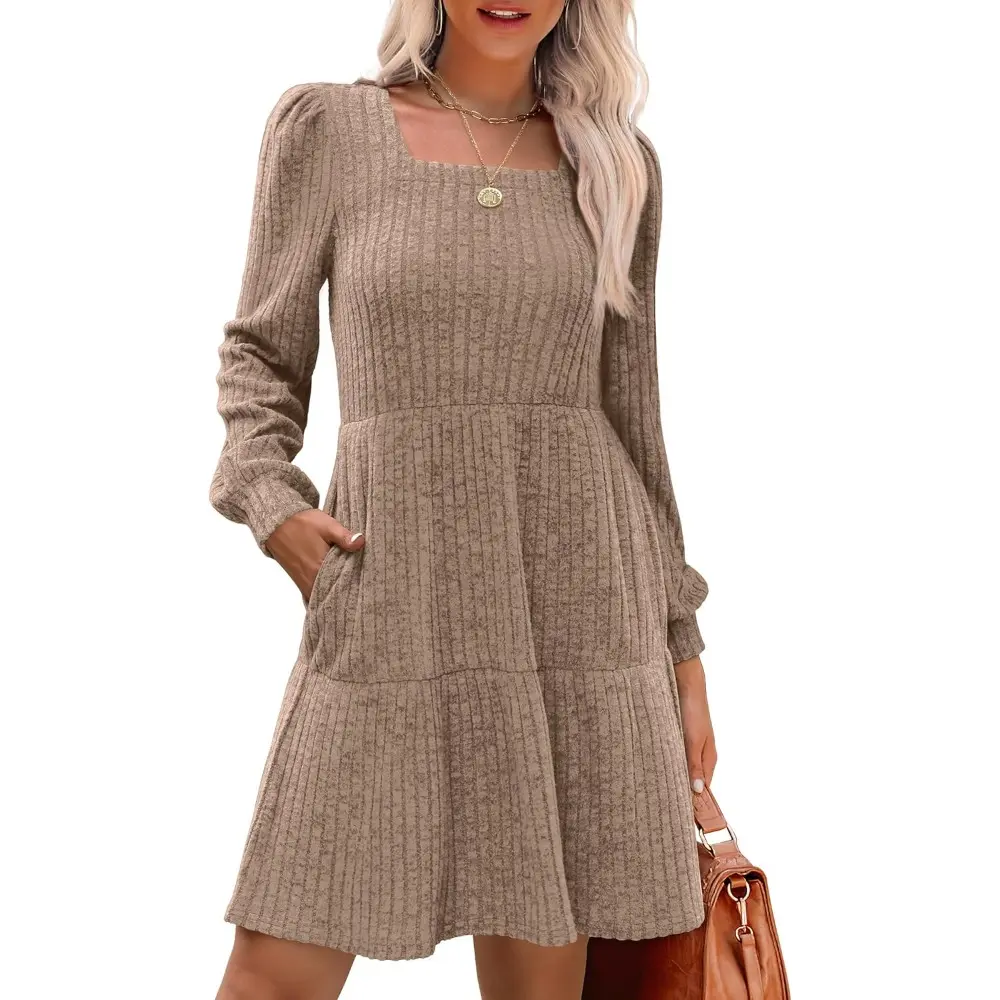 Square Neck Long Sleeve Babydoll Sweater Dress