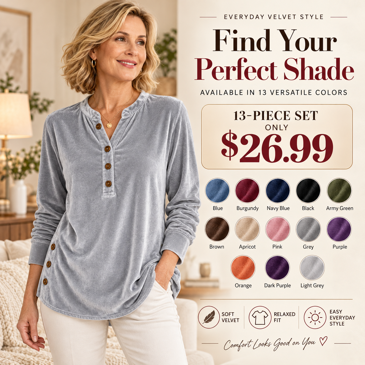 🍂👚Women's Casual Loose Velvet Long Sleeve T-Shirt with Button V-Neck