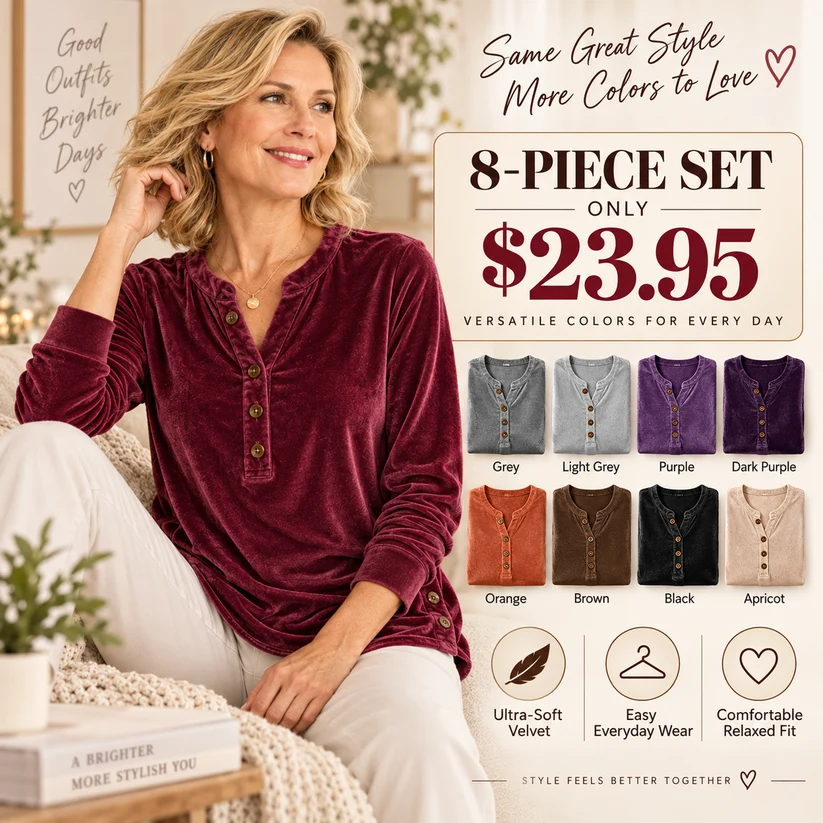 🍂👚Women's Casual Loose Velvet Long Sleeve T-Shirt with Button V-Neck