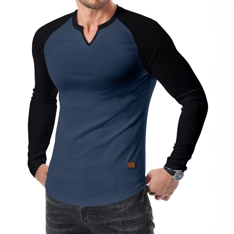 Mens Long Sleeve Muscle T Shirts Casual V-Neck Longline Ribbed Tee Shirts