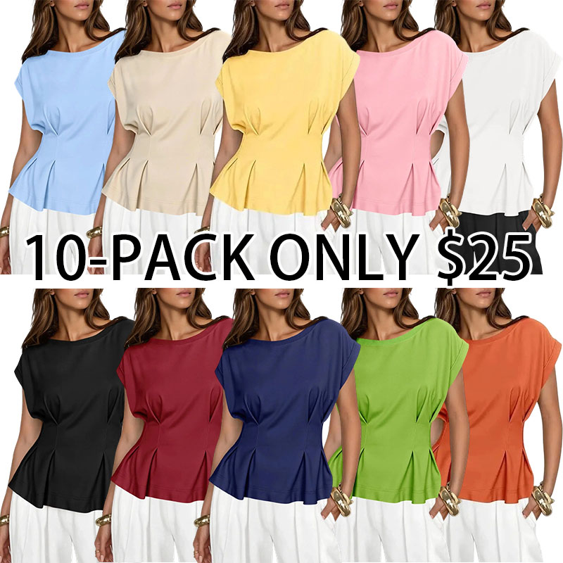 Womens Peplum Tops Summer Babydoll Cap Sleeve T-Shirts Dressy Casual Crew Neck Pleated Blouses