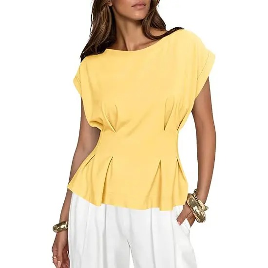 Womens Peplum Tops Summer Babydoll Cap Sleeve T-Shirts Dressy Casual Crew Neck Pleated Blouses
