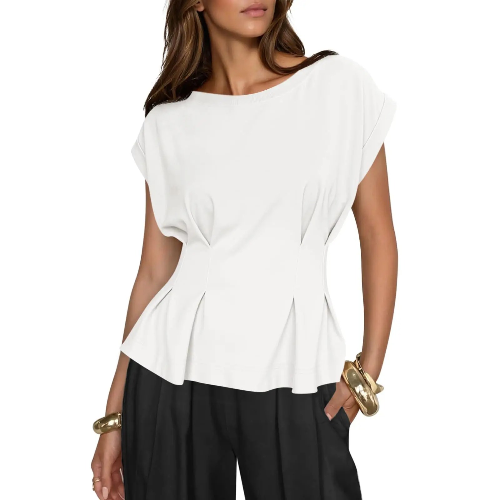 Womens Peplum Tops Summer Babydoll Cap Sleeve T-Shirts Dressy Casual Crew Neck Pleated Blouses