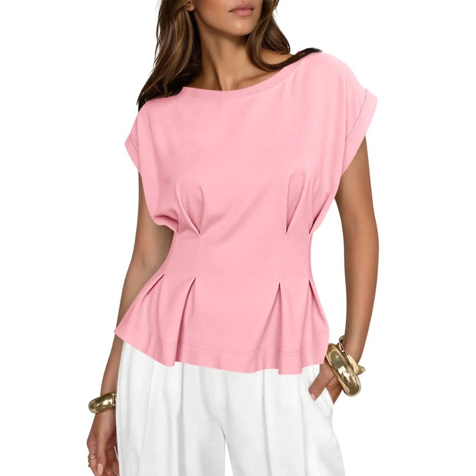 Womens Peplum Tops Summer Babydoll Cap Sleeve T-Shirts Dressy Casual Crew Neck Pleated Blouses